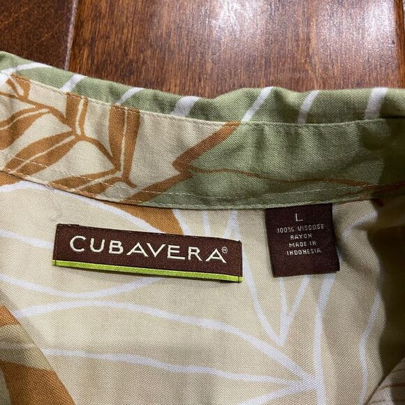 Cubavera Casual Tropical Hawaiian Tan Green Rayon Button Front Shirt Men's L - Picture 5 of 7